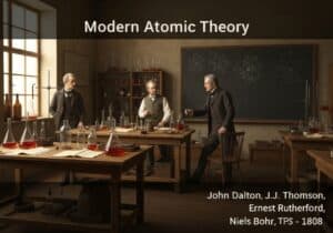 19th-century laboratory with scientists studying atomic structure and chemical reactions.