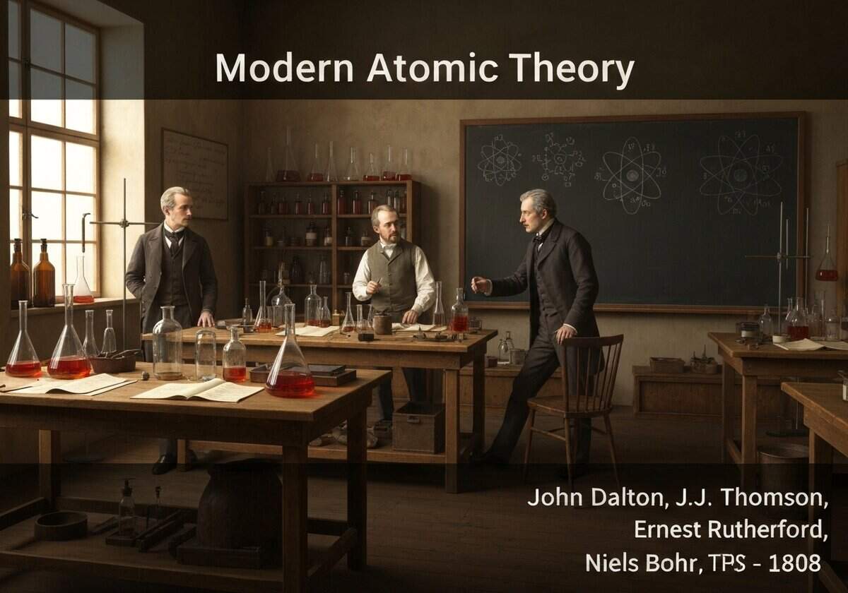 19th-century laboratory with scientists studying atomic structure and chemical reactions.