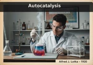 Chemist studying autocatalysis in a laboratory setting with glassware and chemical reactions.