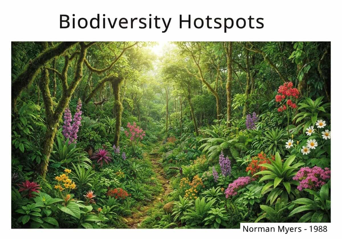 Zone de biodiversité luxuriante avec des espèces endémiques dans un écosystème forestier dense.