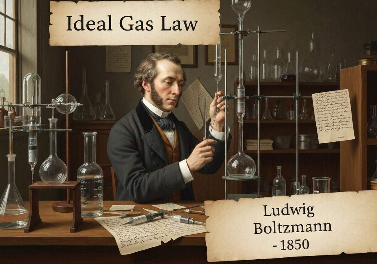 19th-century laboratory scene with Ludwig Boltzmann studying the Ideal Gas Law in statistical thermodynamics.