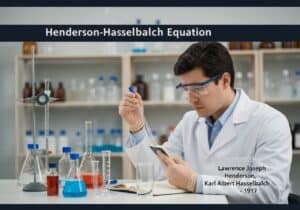 Escena de laboratorio que demuestra la preparación de soluciones tampón utilizando la ecuación de Henderson-Hasselbalch.