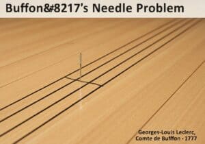 Geometric probability experiment with needle and parallel lines on a wooden floor.