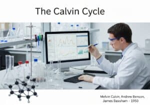 Biochemist studying the Calvin Cycle and RuBisCO enzyme in a laboratory.