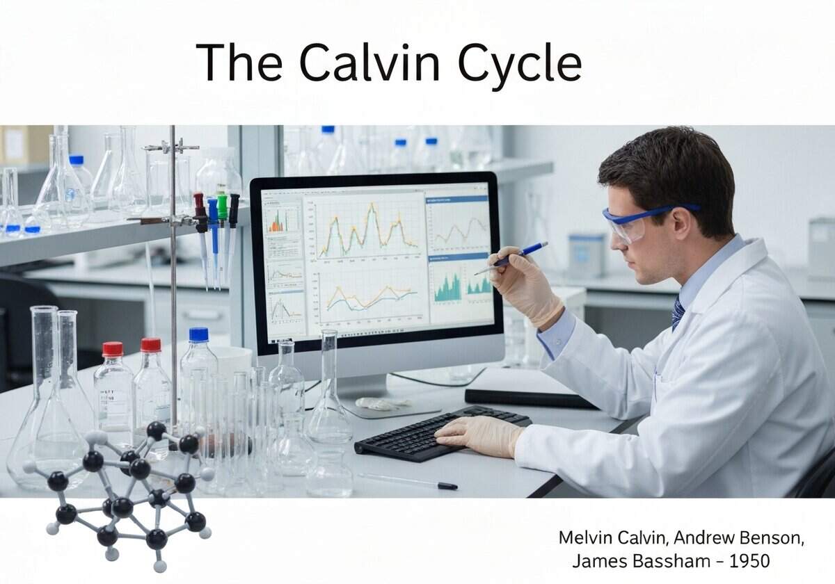 Biochemist studying the Calvin Cycle and RuBisCO enzyme in a laboratory.