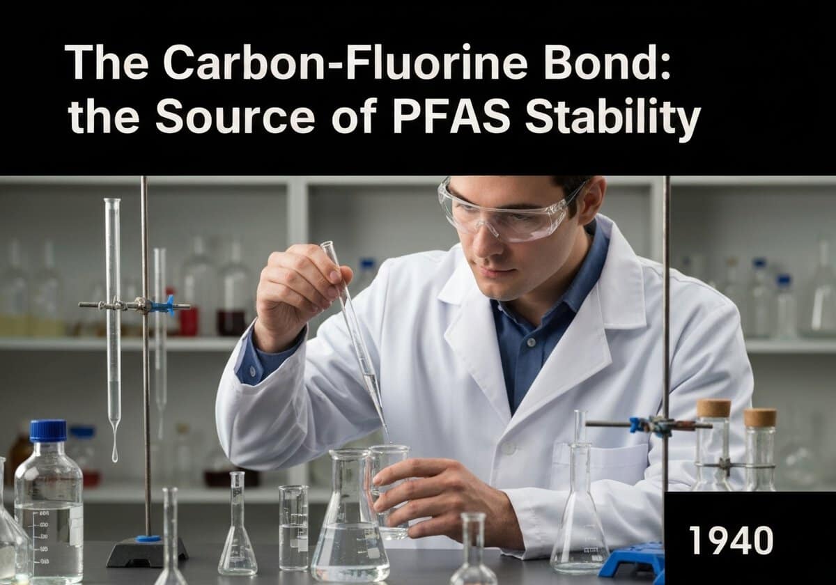 Chemist conducting experiment on PFAS in organic chemistry lab.