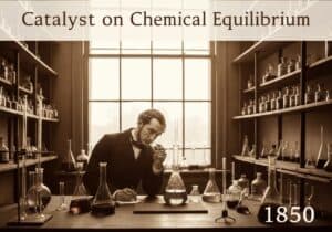 Chemist conducting experiments with catalysts in a vintage laboratory setting, 1850.