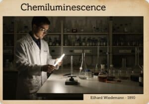 Expérience de chimiluminescence en laboratoire avec bâton lumineux et verrerie.
