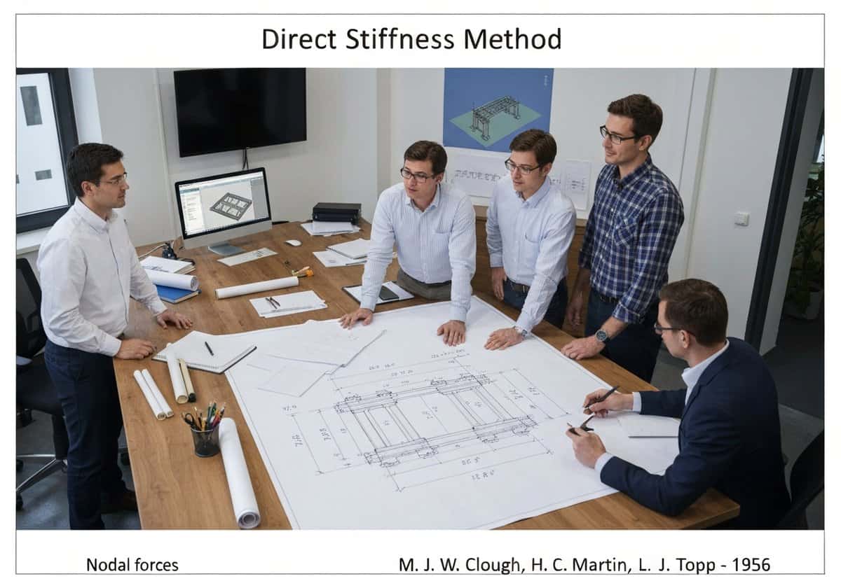 Civil engineering office with structural engineers analyzing bridge design using direct stiffness method.