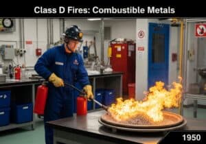 Fire safety engineer demonstrating dry powder extinguishing agents on magnesium fire in laboratory.