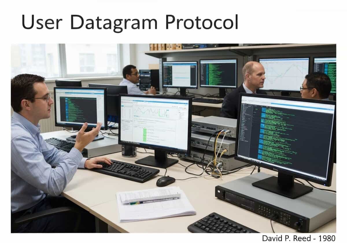 Engineers collaborating in a computer networking lab on User Datagram Protocol applications.