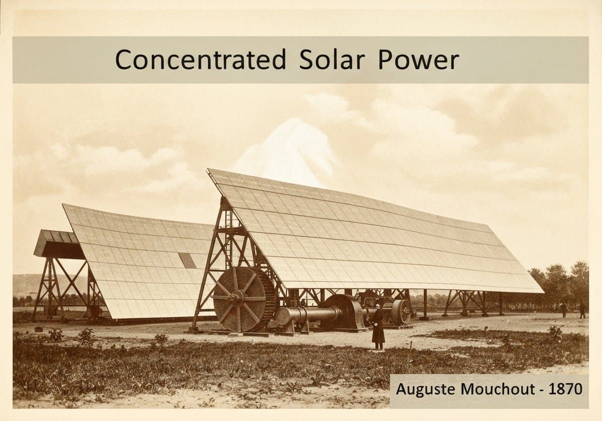 Concentrated solar power system with mirrors and steam turbine by Auguste Mouchout.