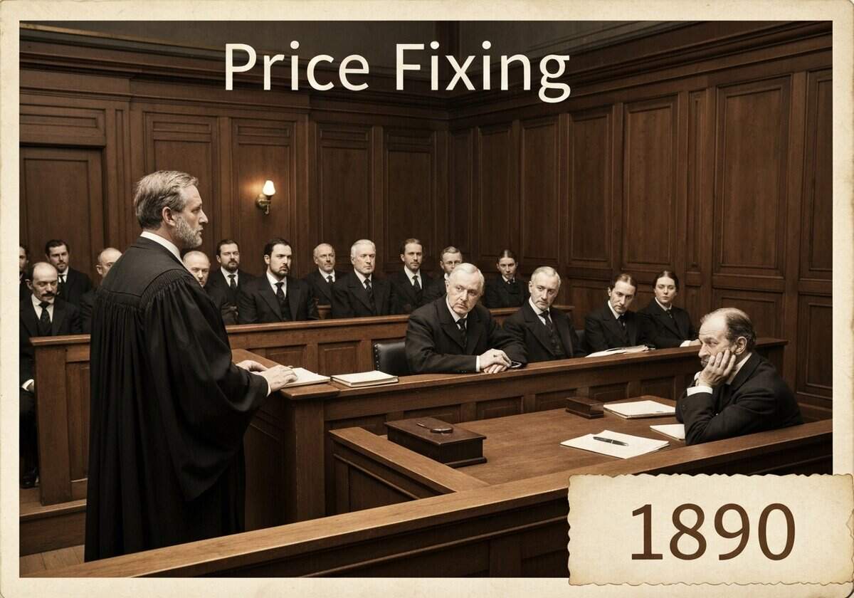 Courtroom trial for price fixing in 1890, highlighting antitrust law violations.