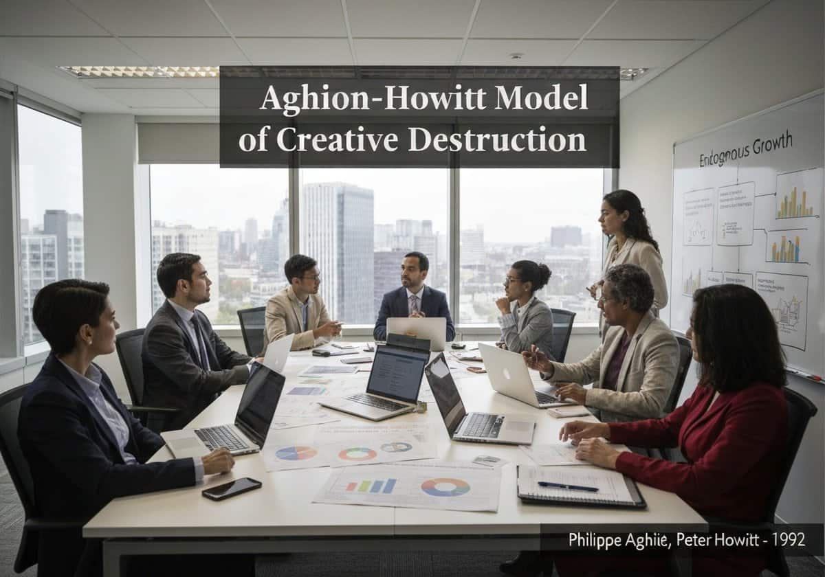 Wirtschaftswissenschaftler diskutieren in einem modernen Büro über das Aghion-Howitt-Modell der schöpferischen Zerstörung.