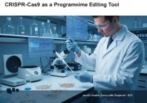 Biotechnology laboratory with CRISPR-Cas9 gene editing tools and modified cells.