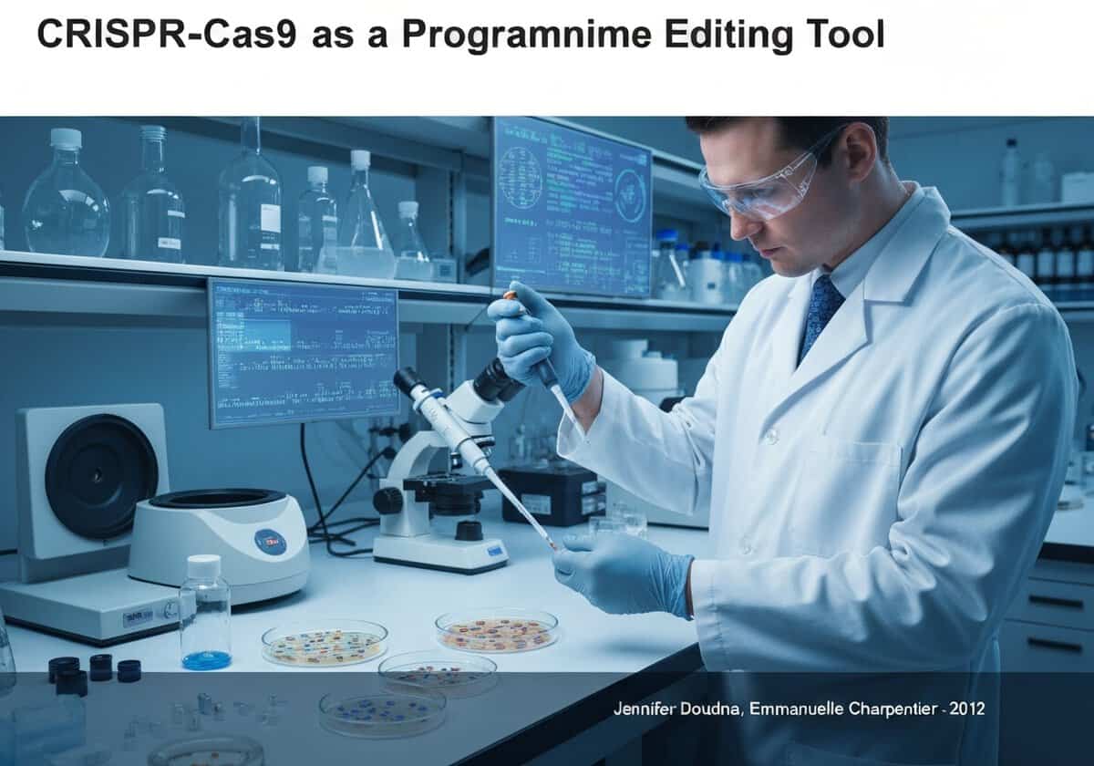 Biotechnology laboratory with CRISPR-Cas9 gene editing tools and modified cells.