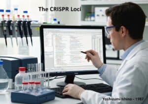 Molecular biologist analyzing CRISPR loci data on a computer in a laboratory.