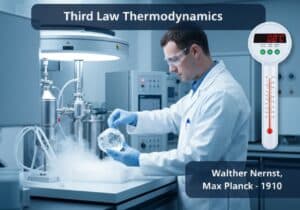 Laboratory scene demonstrating the Third Law of Thermodynamics in cryogenics.