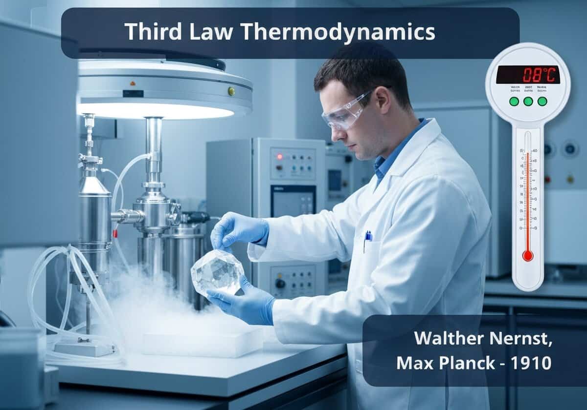 Laboratory scene demonstrating the Third Law of Thermodynamics in cryogenics.
