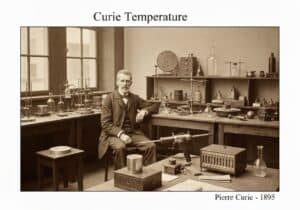 Scena di laboratorio con Pierre Curie intento a studiare le proprietà magnetiche nel 1895.