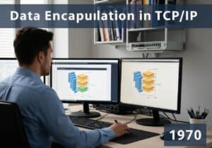 Network engineer analyzing TCP/IP data encapsulation processes in a computer network.