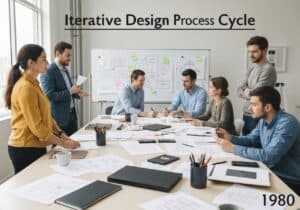 Industrial designers collaborating in a modern studio on iterative design methodology.