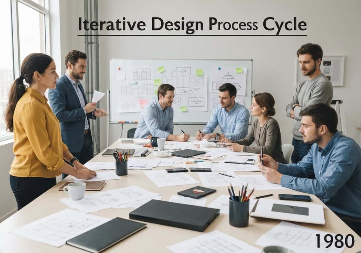 Industrial designers collaborating in a modern studio on iterative design methodology.