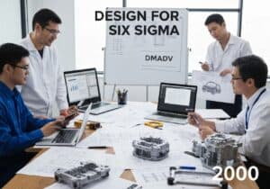 Team of industrial engineers collaborating on automotive product design using DFSS methodology.