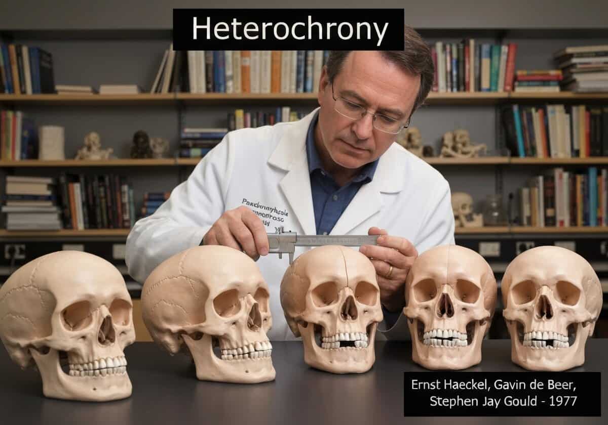 Genetista dello sviluppo che analizza modelli di cranio umano che dimostrano l'eterocronia nell'evoluzione.