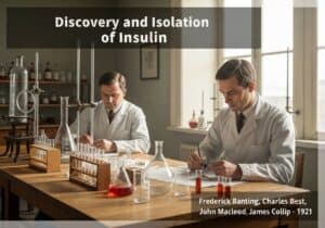 Laboratory scene of insulin isolation by Banting and Best, 1921, endocrinology research.