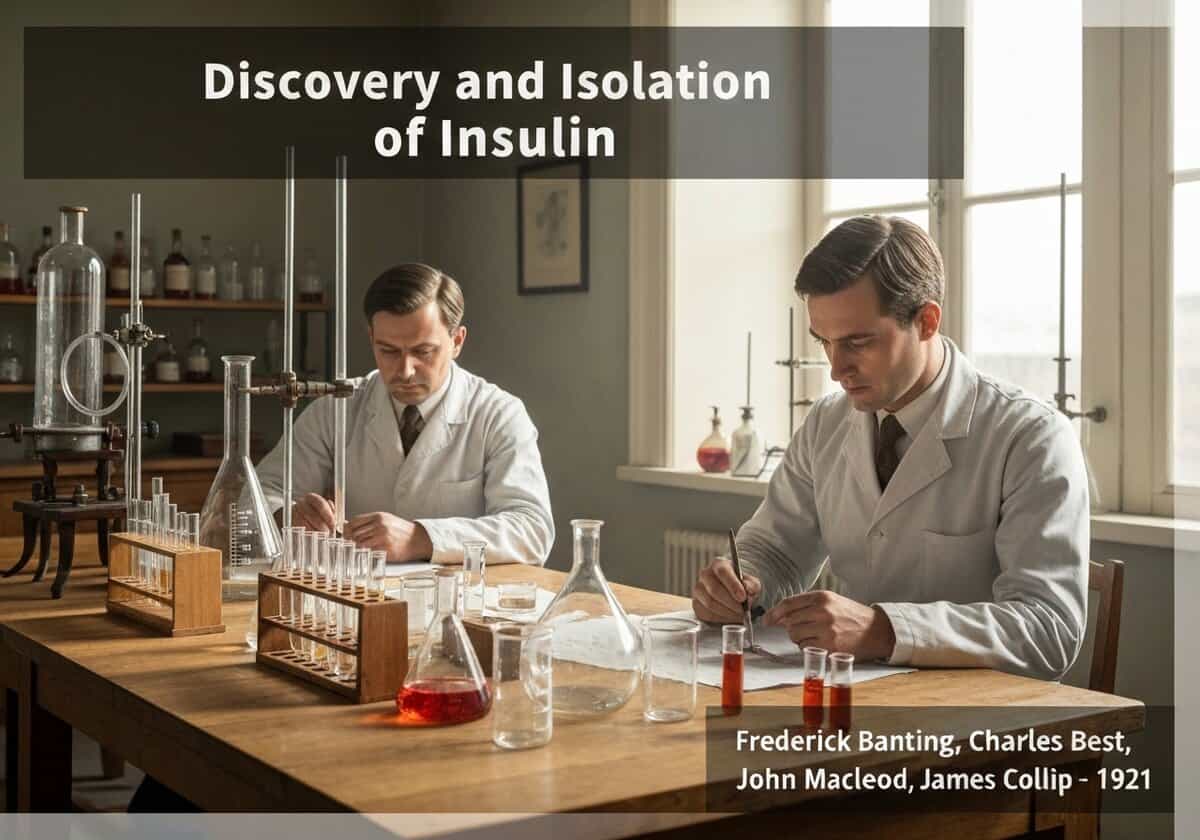 Laboratory scene of insulin isolation by Banting and Best, 1921, endocrinology research.