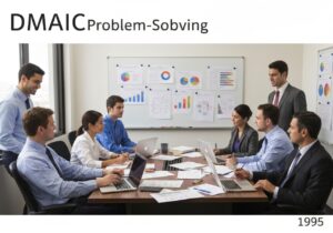Team collaborating on DMAIC problem-solving in an office setting, focusing on process improvement.
