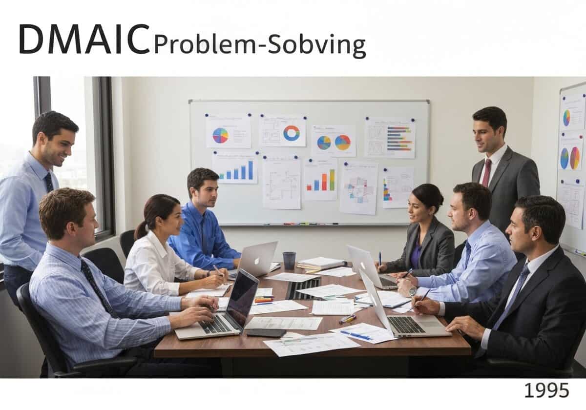 在办公室环境中，团队协作解决 DMAIC 问题，重点关注流程改进。.