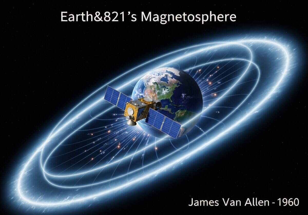 Satellite in low Earth orbit illustrating Earth's magnetosphere and its protective role against solar radiation.