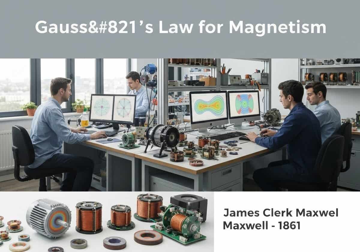 Laboratory scene focused on electric motor design utilizing Gauss's Law for Magnetism.