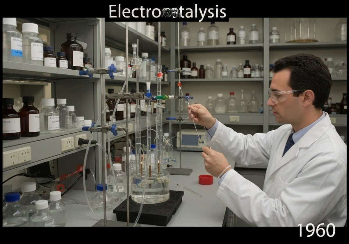 Electrocatalysis research in a laboratory with electrochemical cell setup.