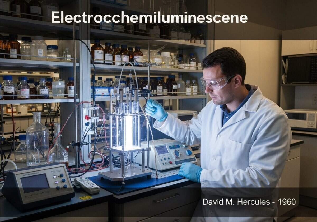 Experimento de electroquimioluminiscencia en un laboratorio con un científico y un equipo electroquímico.