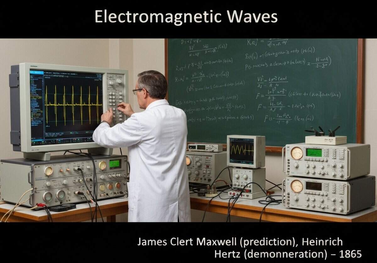 Laborexperiment zur Demonstration elektromagnetischer Wellen mit Oszilloskop und Gleichungen.
