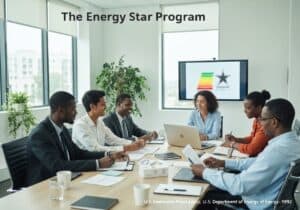 Collaborative meeting on energy-efficient product development in environmental policy.