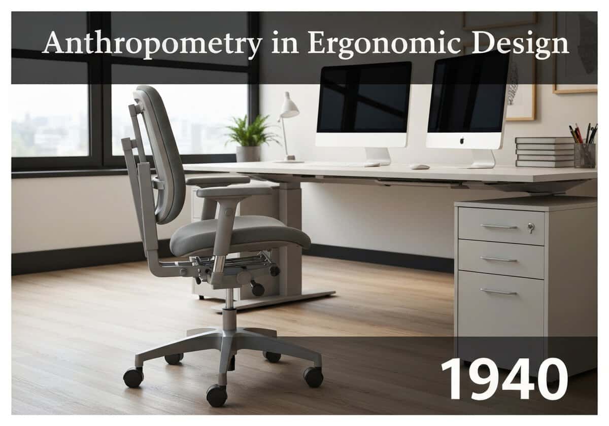Spazio di lavoro ergonomico con sedia e scrivania regolabili, basato su principi antropometrici.