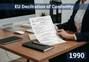 Compliance officer reviewing EU Declaration of Conformity in a professional office setting.