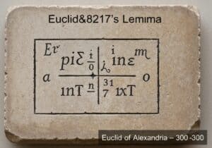 Stone tablet inscribed with Euclid's Lemma in ancient Greek, number theory concept.