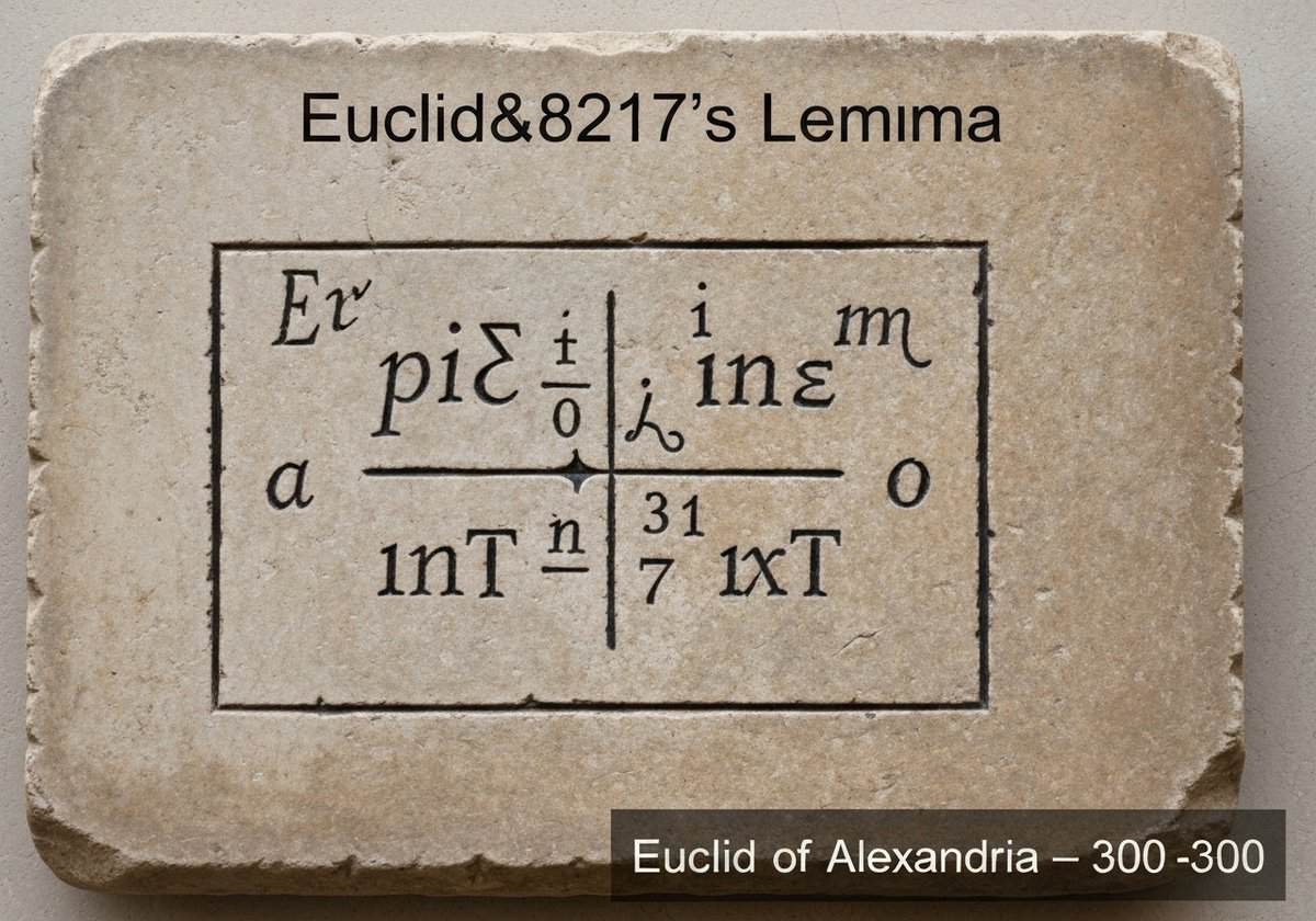 Stone tablet inscribed with Euclid's Lemma in ancient Greek, number theory concept.