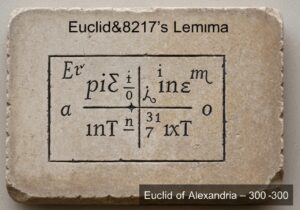 Stone tablet inscribed with Euclid's Lemma in ancient Greek, number theory concept.