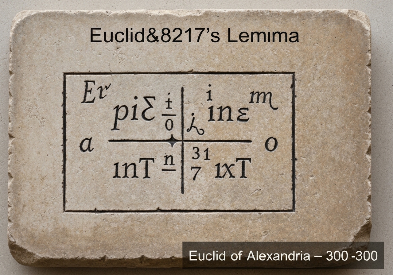 Stone tablet inscribed with Euclid's Lemma in ancient Greek, number theory concept.