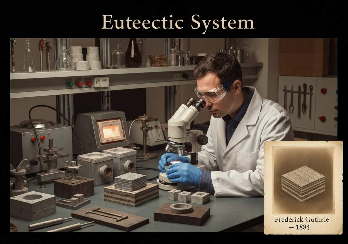 Metallurgist examining eutectic alloy microstructure in a laboratory setting.
