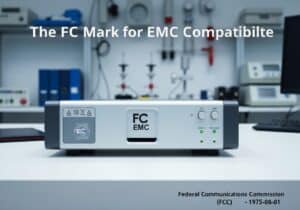 Electronic device with FCC mark for electromagnetic compatibility certification.