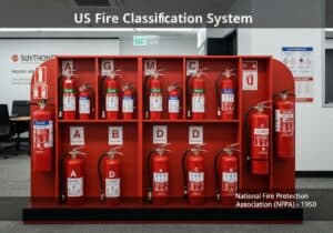 Fire extinguisher display categorized by US Fire Classification System for safety compliance.