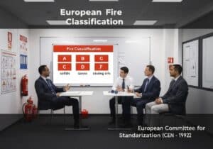 Corporate fire safety training session on European fire classification standards.
