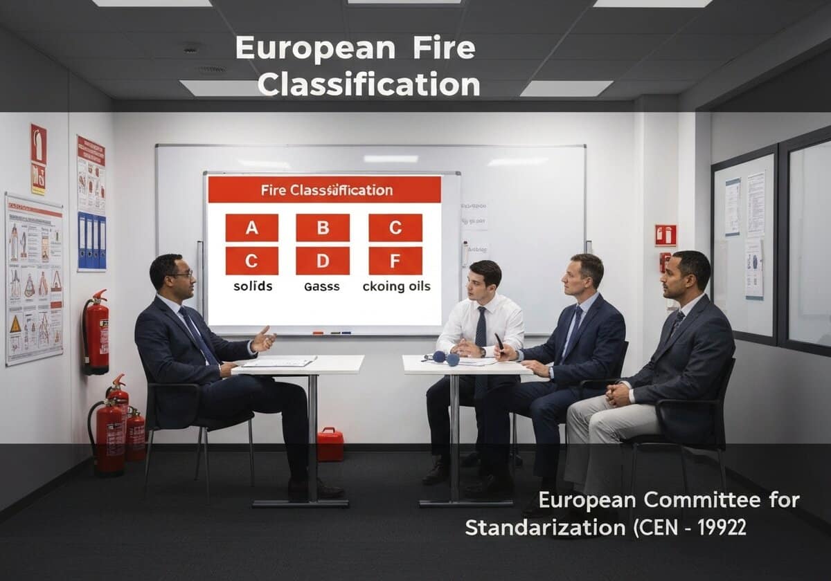 Corporate fire safety training session on European fire classification standards.